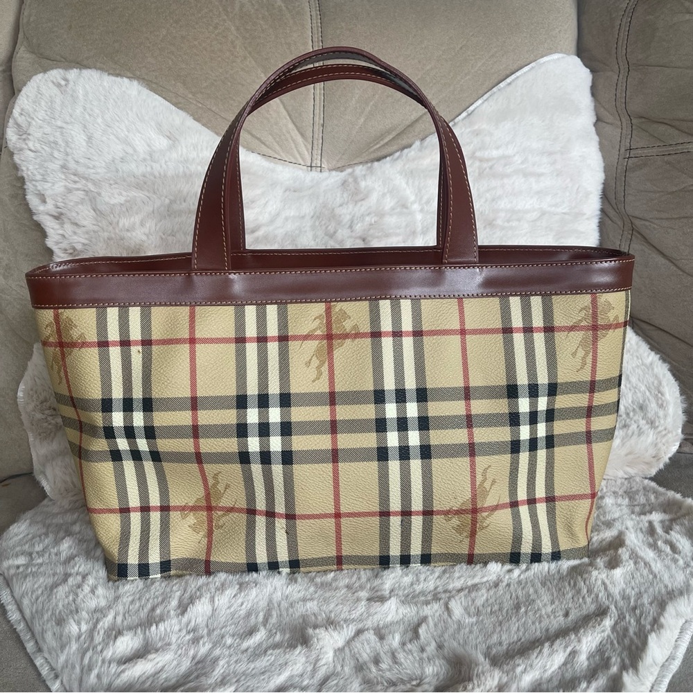 Burberry Tan Plaid Canvas Tote with Brown Leather Handles - Picture 3 of 11